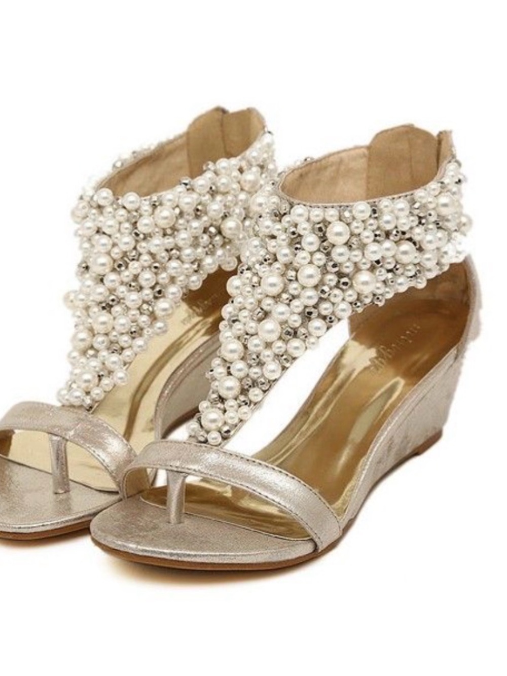 Golden Pearl-Embellished Metallic Wedge Sandals -